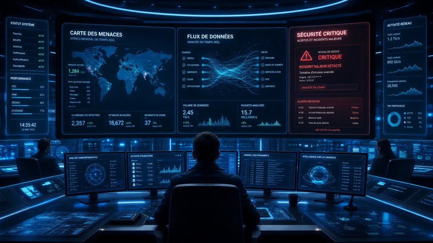 Centre de commande de cybersécurité avec écrans de surveillance et carte des menaces en temps réel - Mystery Hackers